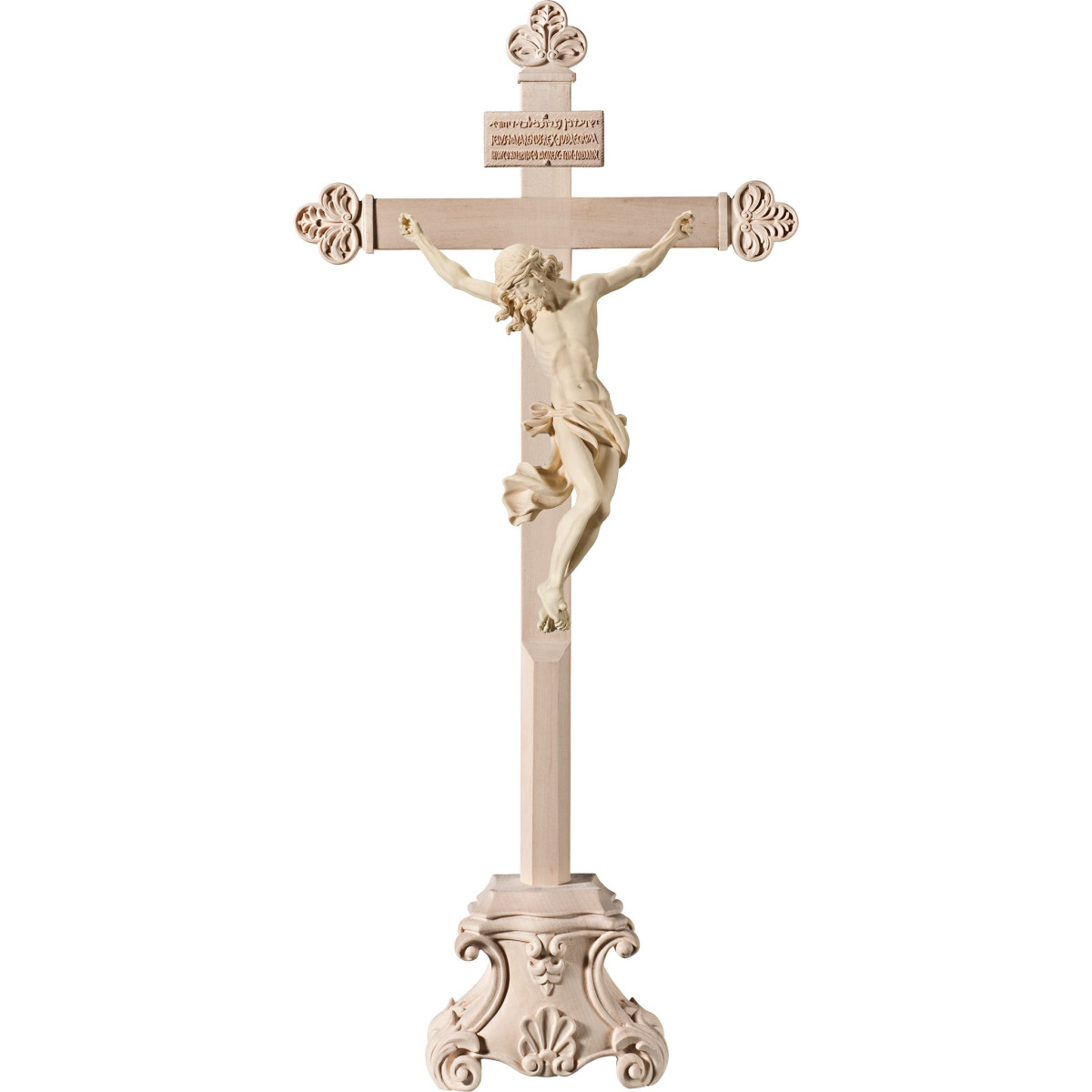 Cristo Barroco en cruz barroca en peana con Titulus Crucis en hebreo - latín - griego